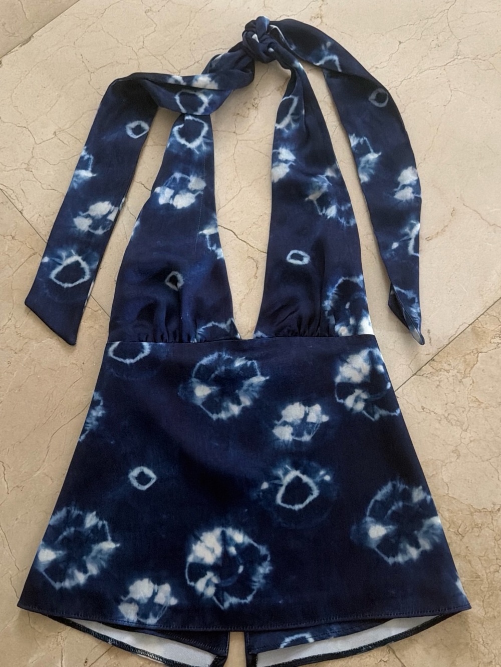 Zara Navy and White Tie-Dye Halter top